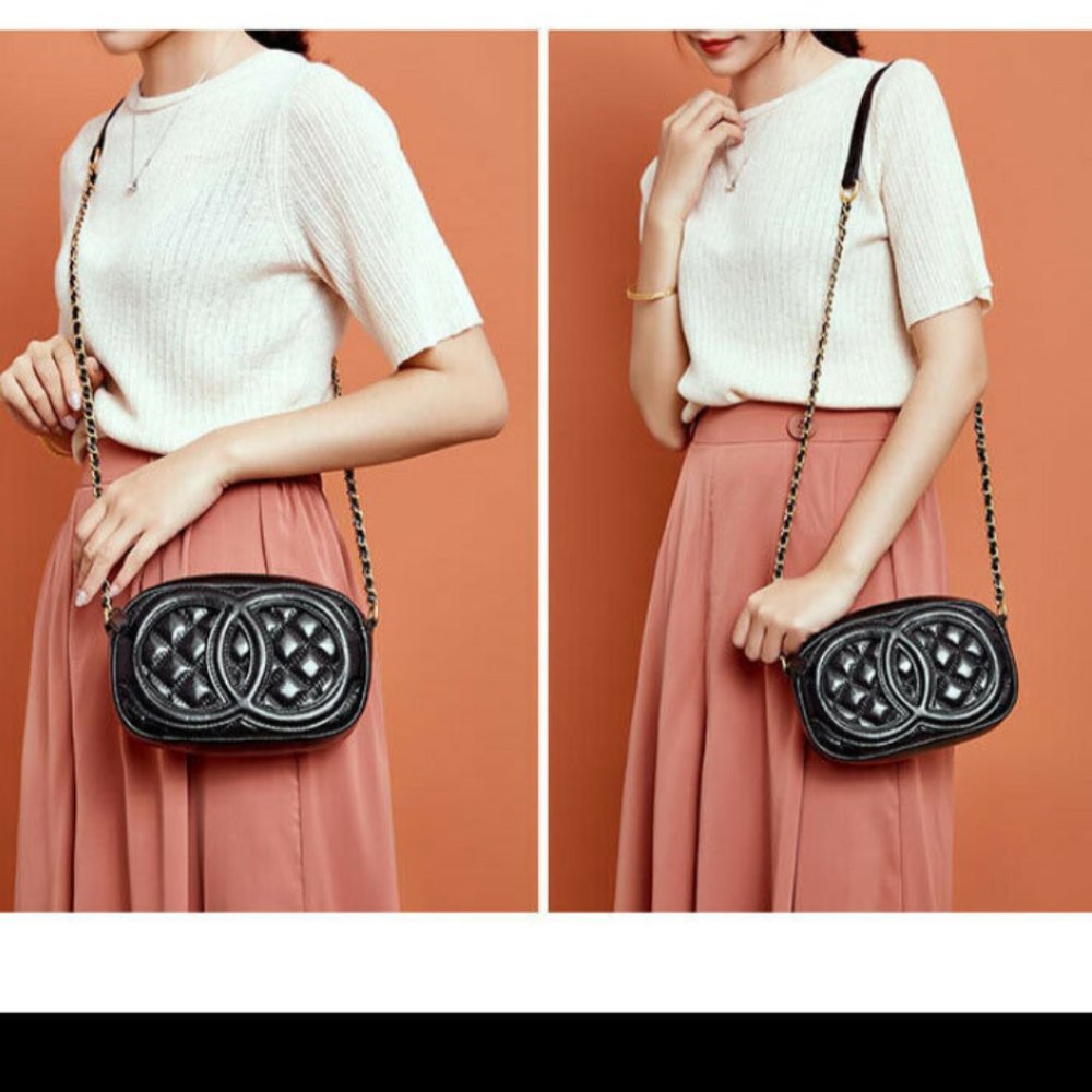 Chain Solid Grid Cowhide Leather Shoulde Crossbody